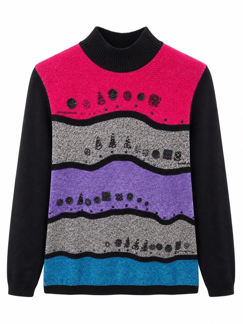 Woman’s Colorblock Crew Sweater Vintage 80’s/ 90’s Shoulder Pads Beaded Size M